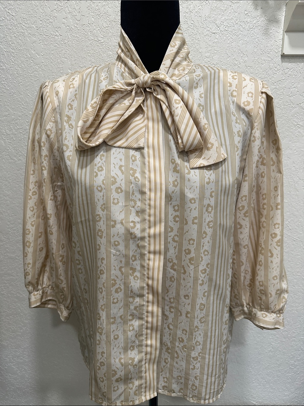 Vintage Bow-Tie Neck Stripe & Animal Print Blouse in Cream and Tan